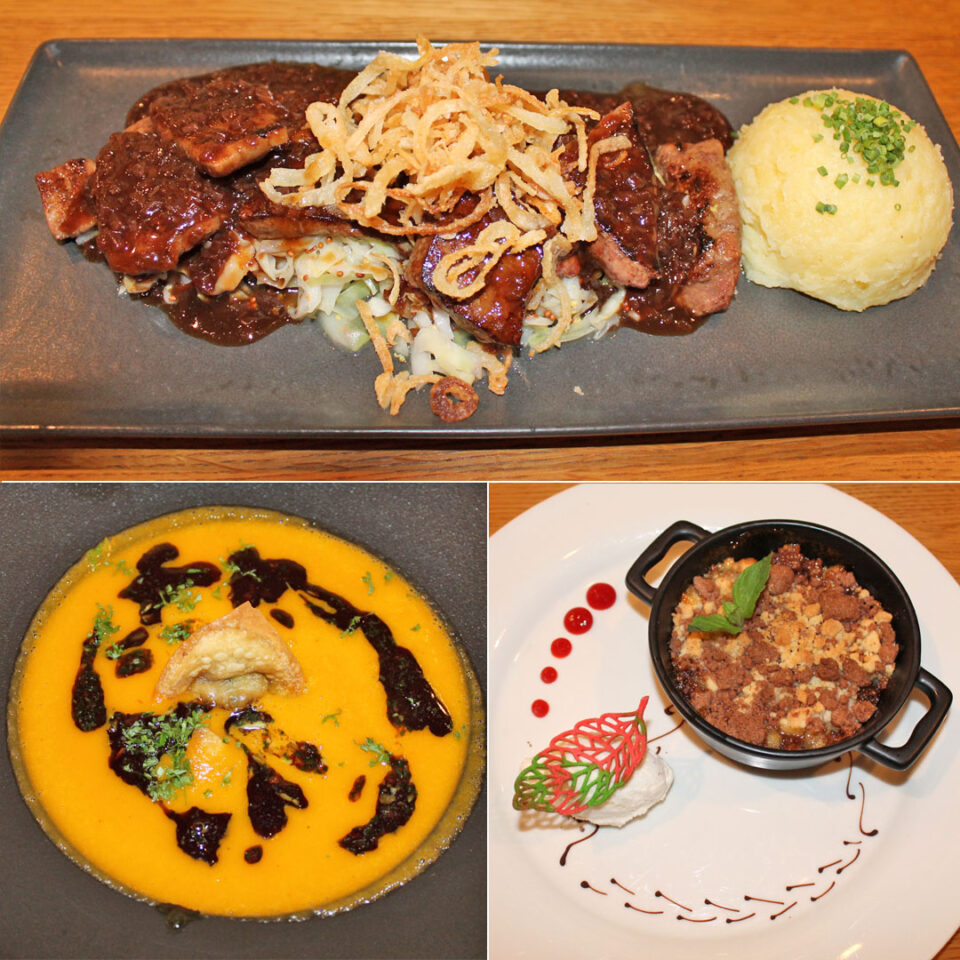 Vorspeise Kürbissuppe, Hauptgericht Rinderleber, Dessert Birnencrumble