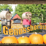 Kürbisse und Strohpuppen am Hofeingang