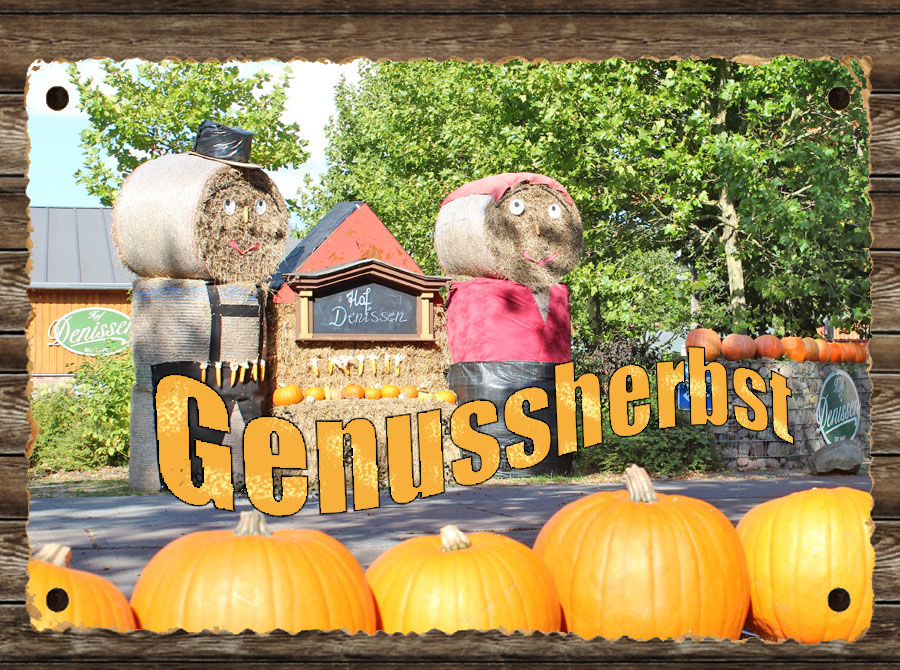 Kürbisse und Strohpuppen am Hofeingang